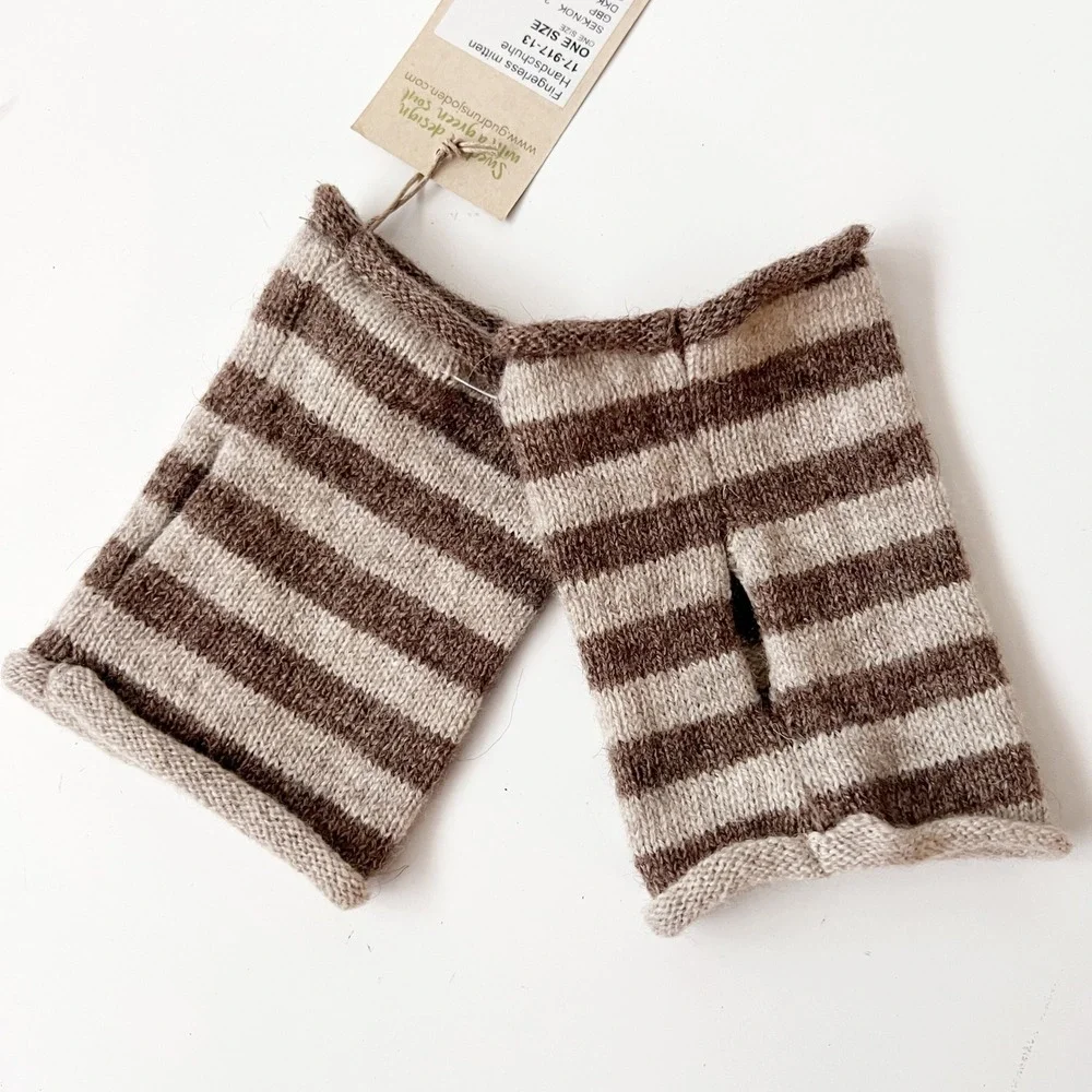 Gudrun Sjoden Fingerless Mittens One Size Brown Tan Striped Knit Wool Gloves NWT